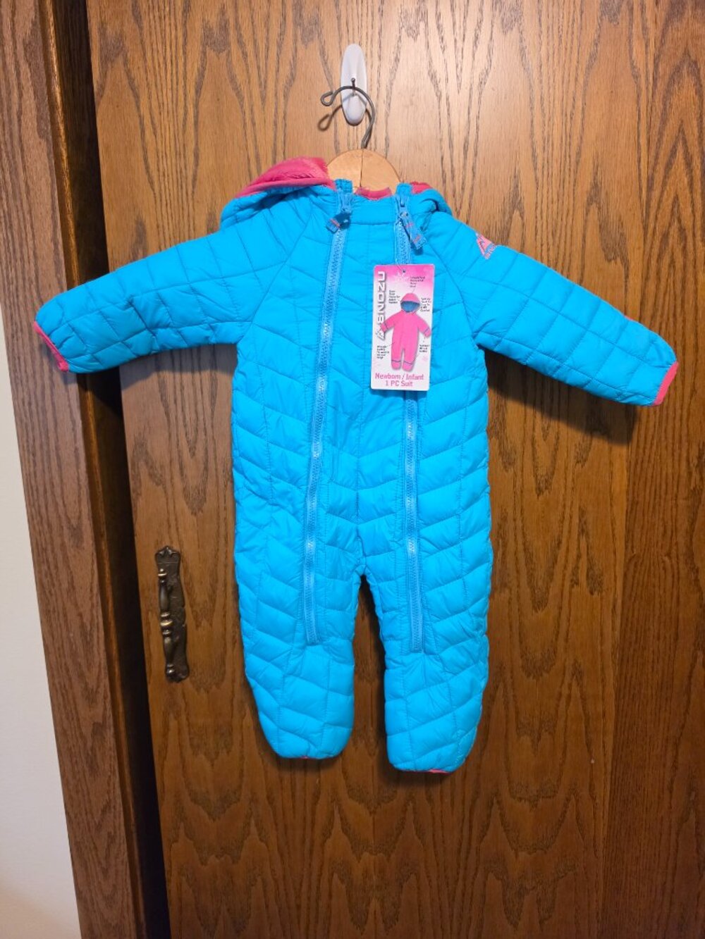 Snozu Infant 9-12M Aqua Blue Pink Fleece Lined Snowsuit NWT
